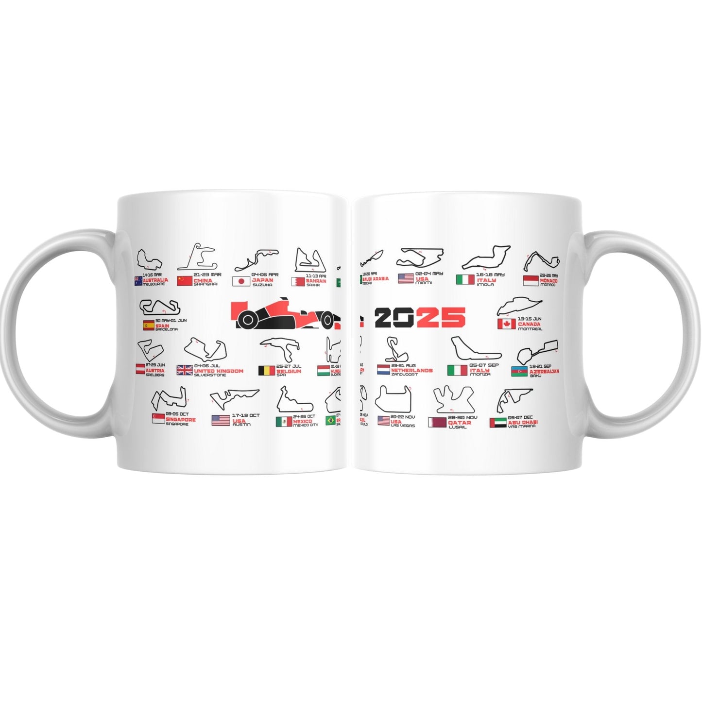 Taza Fórmula 1 con Calendario y Circuitos 2025. Regalo Original. Incluye Calendario de Bolsillo