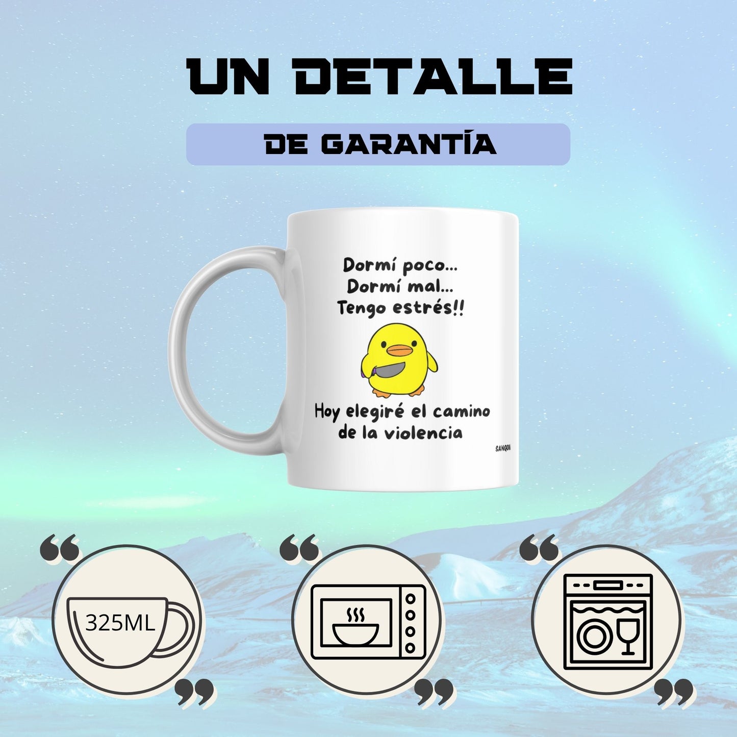 Taza divertida “Dormí poco, dormí mal, tengo estrés... hoy elegiré el camino de la violencia” – Regalo humor negro – Cerámica premium 325 ml