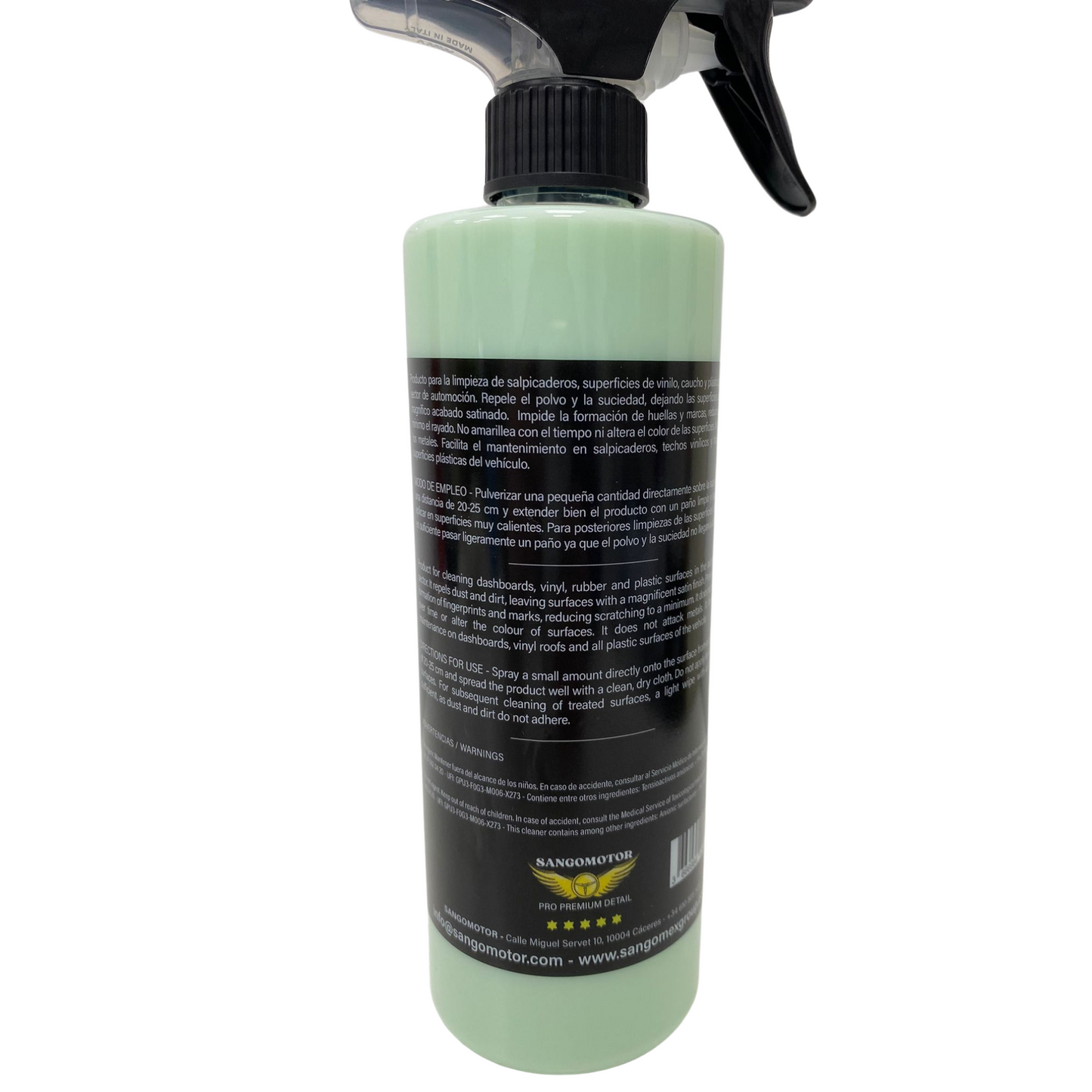 Limpiador Salpicadero | Cuidado Profesional para Plásticos y Vinilos | Aroma Coche Nuevo | Fórmula Azul Claro y Biodegradable. Detailing SANGOMOTOR. 500ml