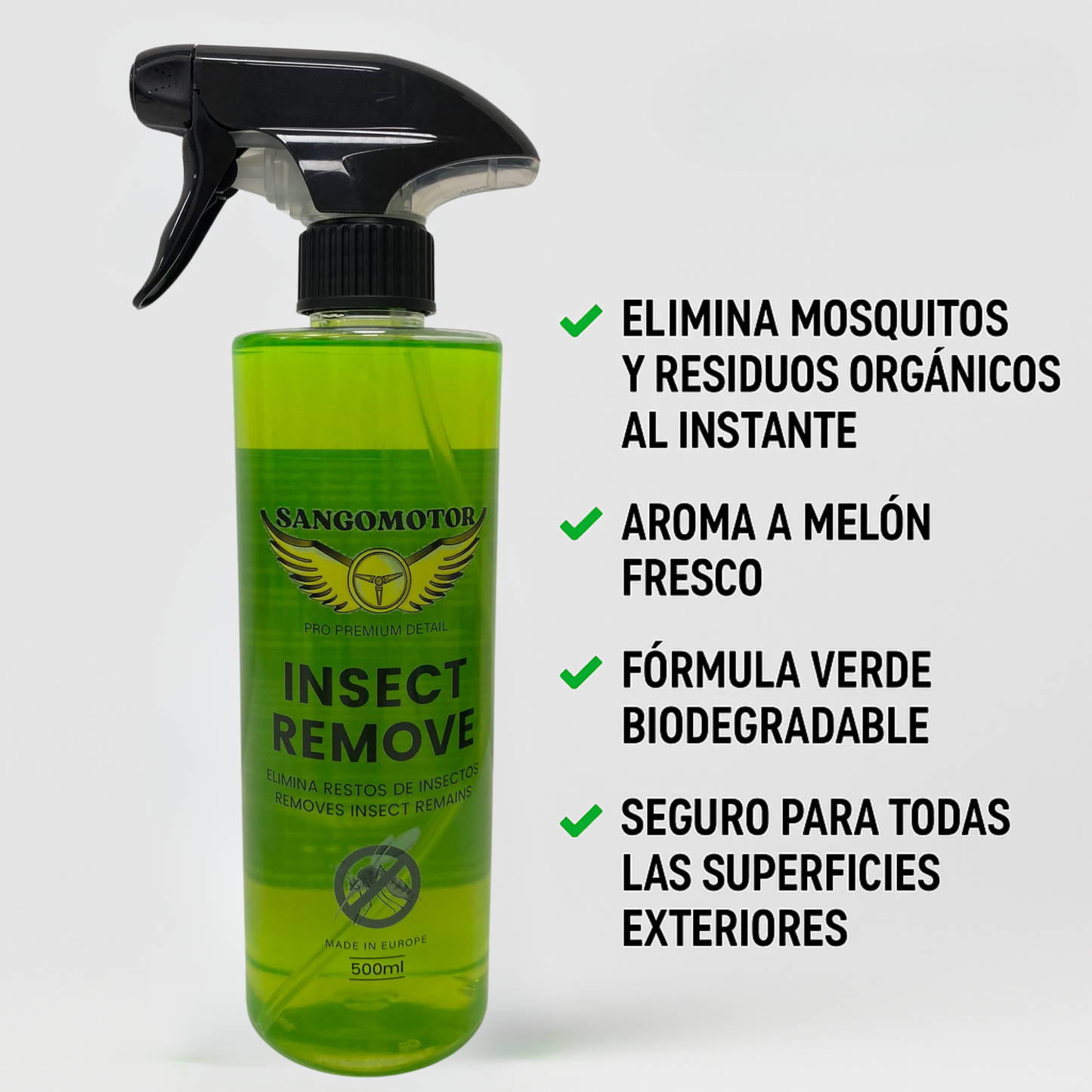 Limpia Mosquitos Detail | Eliminador de Insectos Profesional con Aroma a Melón | Fórmula Verde Biodegradable | Seguro para Pintura, Plásticos y Cristales. SANGOMOTOR