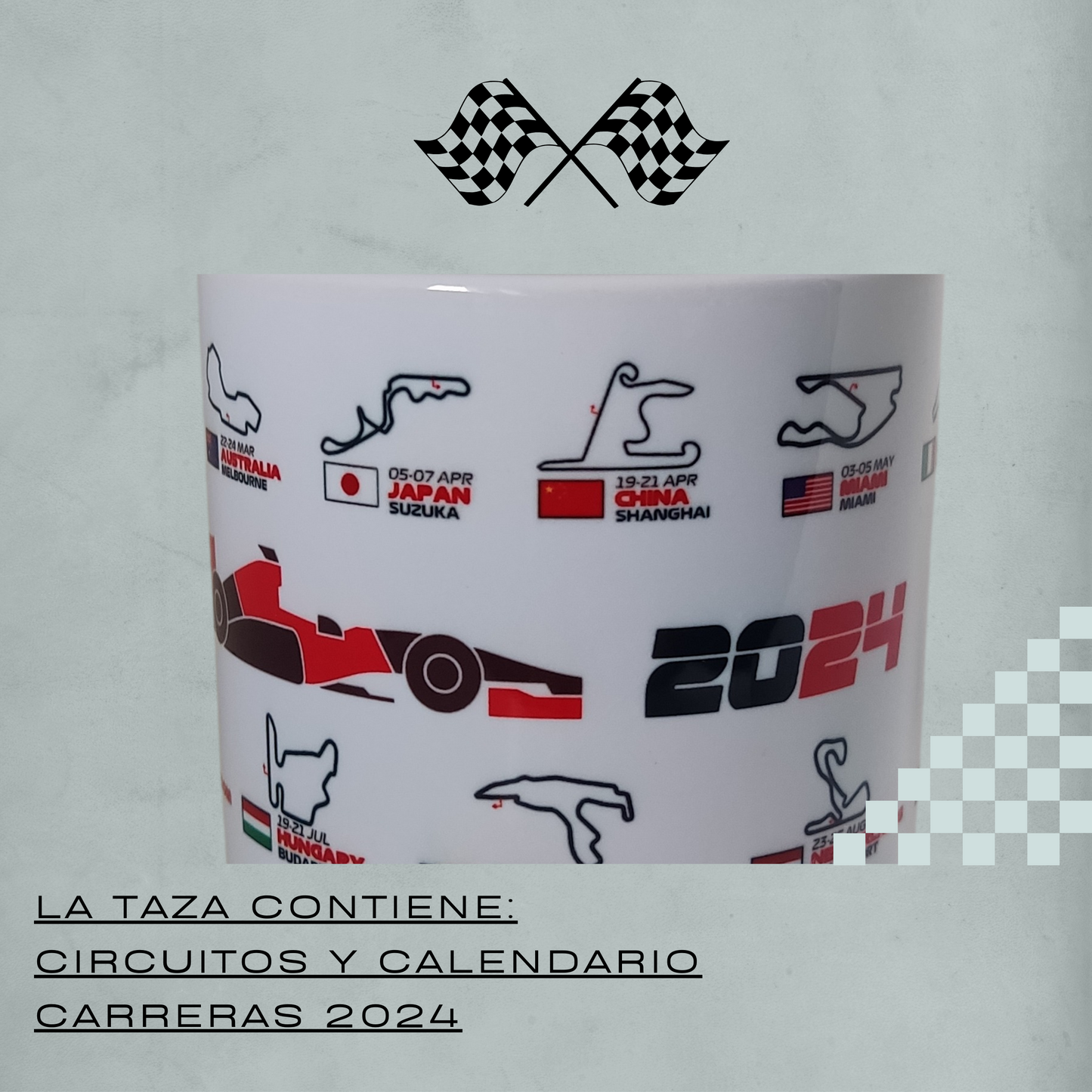Taza Fórmula 1 o Moto GP con Calendario y Circuitos 2024 y Calendario de bolsillo