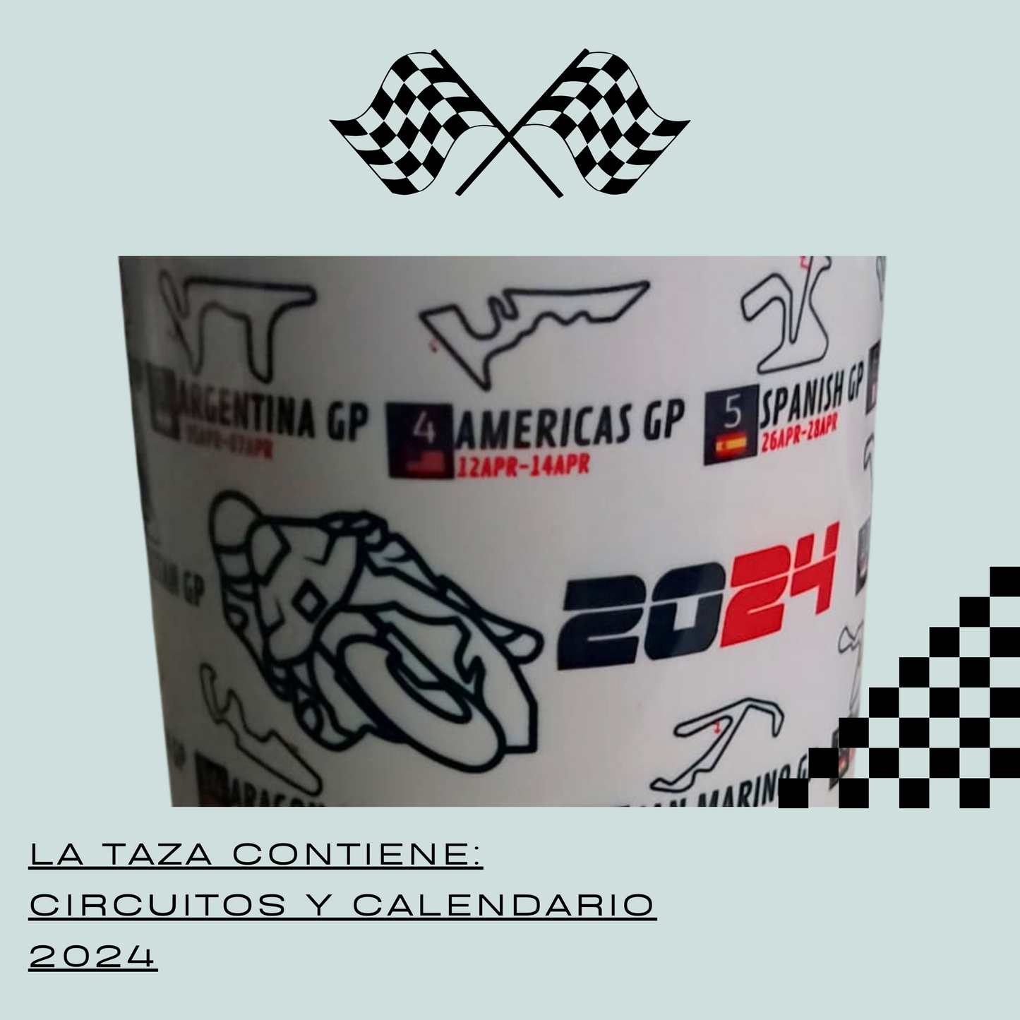 Taza Fórmula 1 o Moto GP con Calendario y Circuitos 2024 y Calendario de bolsillo