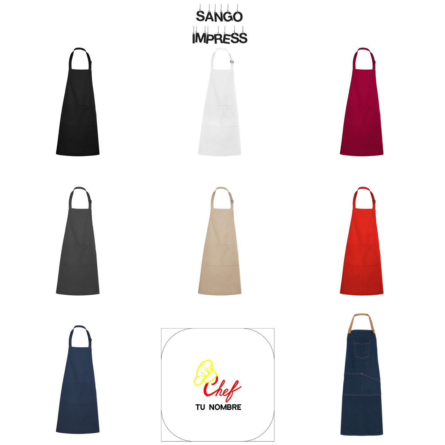 SANGOIMPRESS Delantal Chef Cocinero Hombre Mujer Personalizado Bordado Con Tu Nombre. Regalo original. Bordado