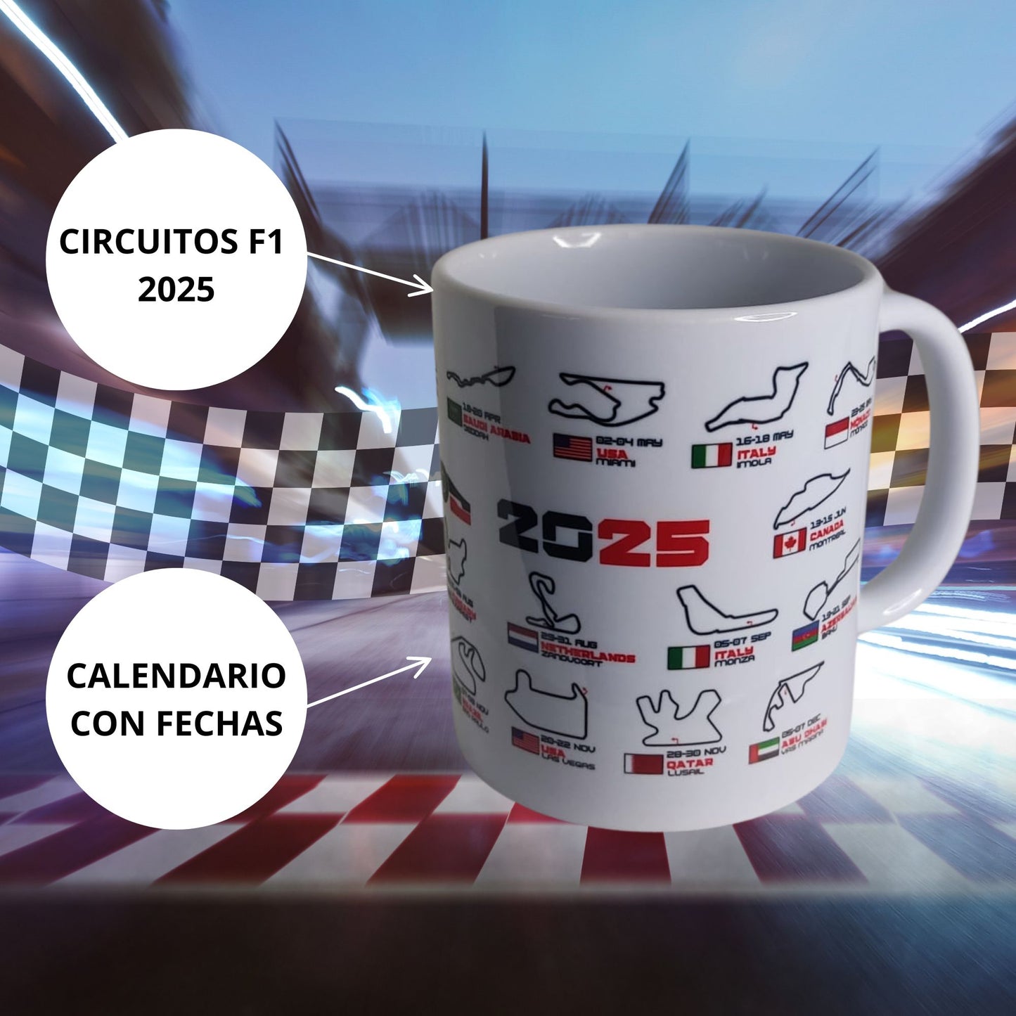 Taza Fórmula 1 con Calendario y Circuitos 2025. Regalo Original. Incluye Calendario de Bolsillo