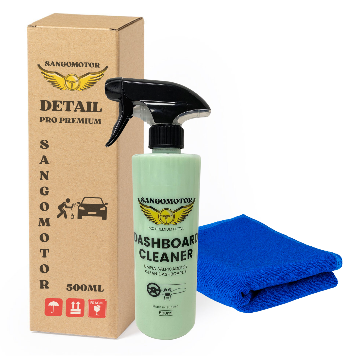 Limpiador Salpicadero  | Cuidado Profesional para Plásticos y Vinilos | Aroma Coche Nuevo | Fórmula Azul Claro y Biodegradable. Detailing SANGOMOTOR. 500ml