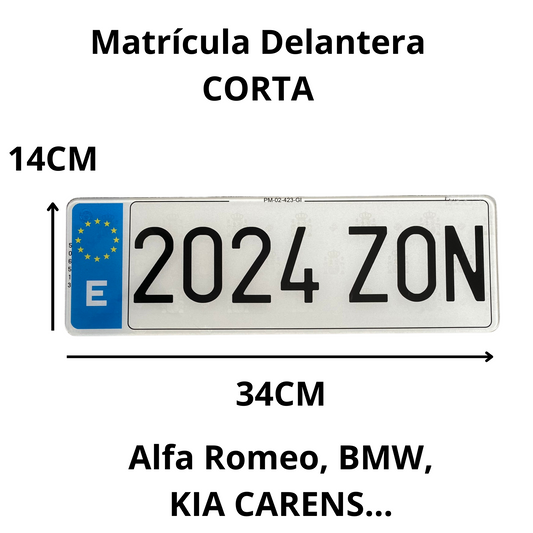 SANGOMOTOR Matrícula Acrílica Coche Delantera Corta Alfa Romeo, BMW, Kia Carens... 34x11cm