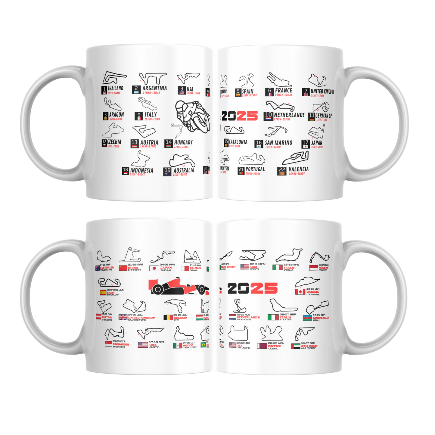 Pack Tazas Personalizada Fórmula 1 2025 y MGP 2025 con Calendario y Circuitos. Incluye Calendario de Bolsillo. Regalo Original.