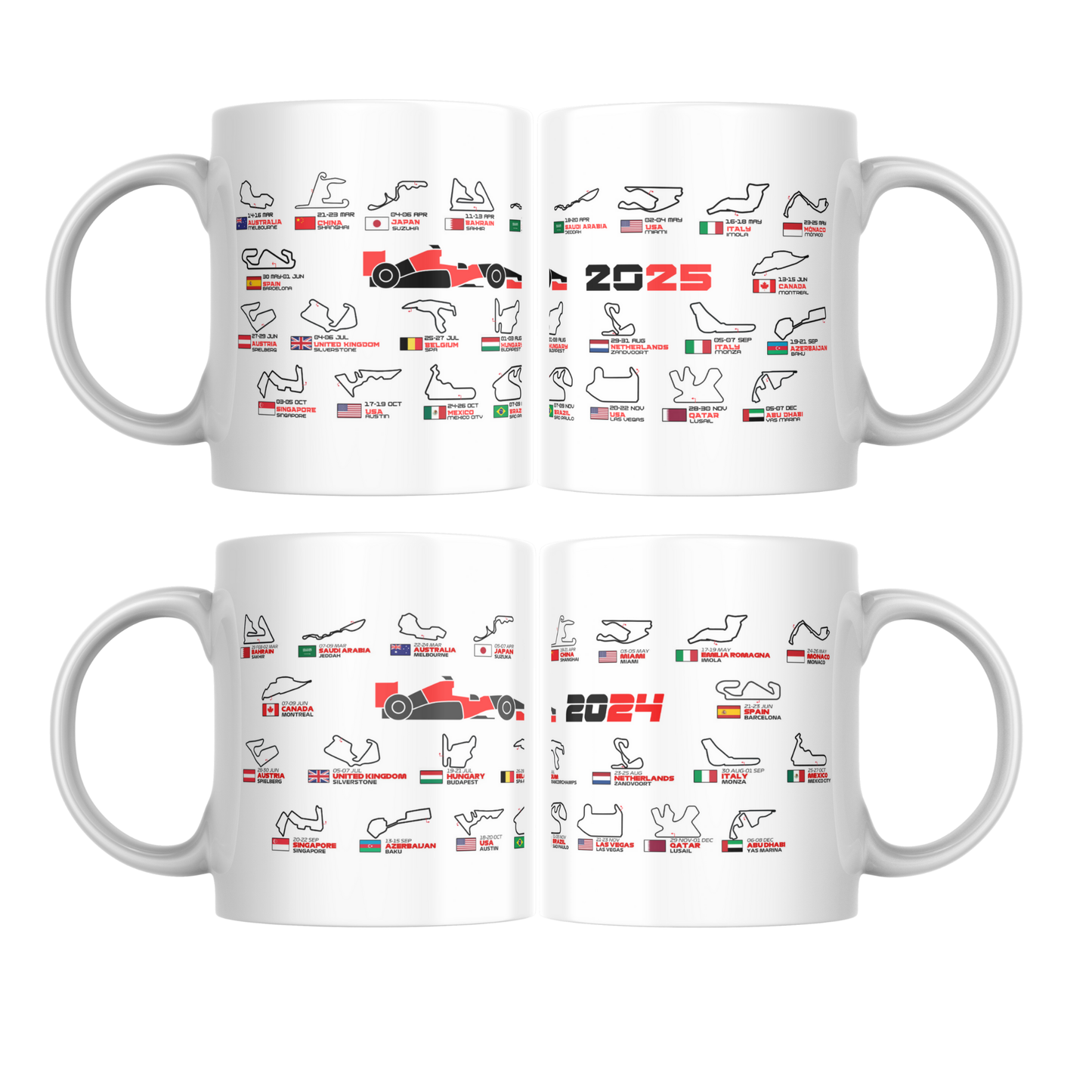 Pack Tazas Personalizada Fórmula 1 2024 y 2025 con Calendario y Circuitos. Incluye Calendario de Bolsillo. Regalo Original.