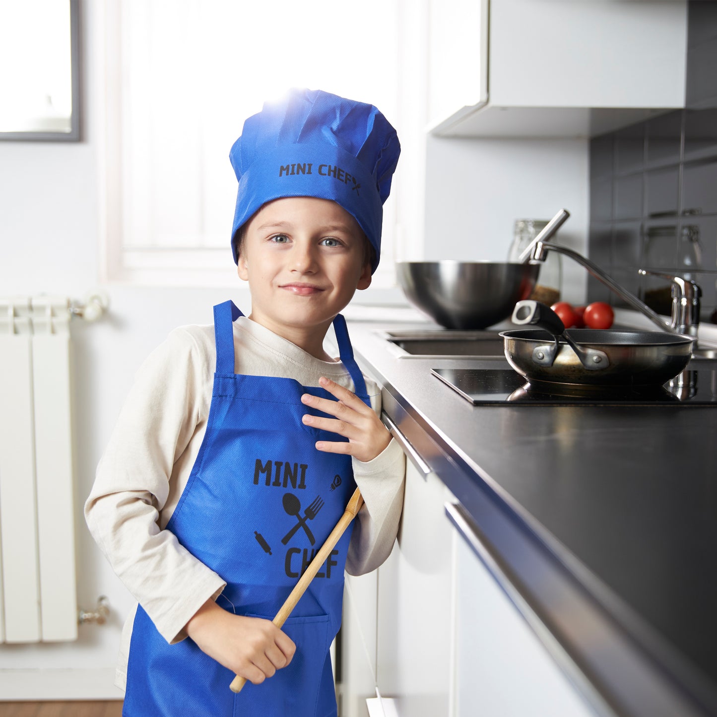 Delantal y Gorro Mini Chef para Niño Niña Cocinero con Bolsillo Delantero y Material Ecológico