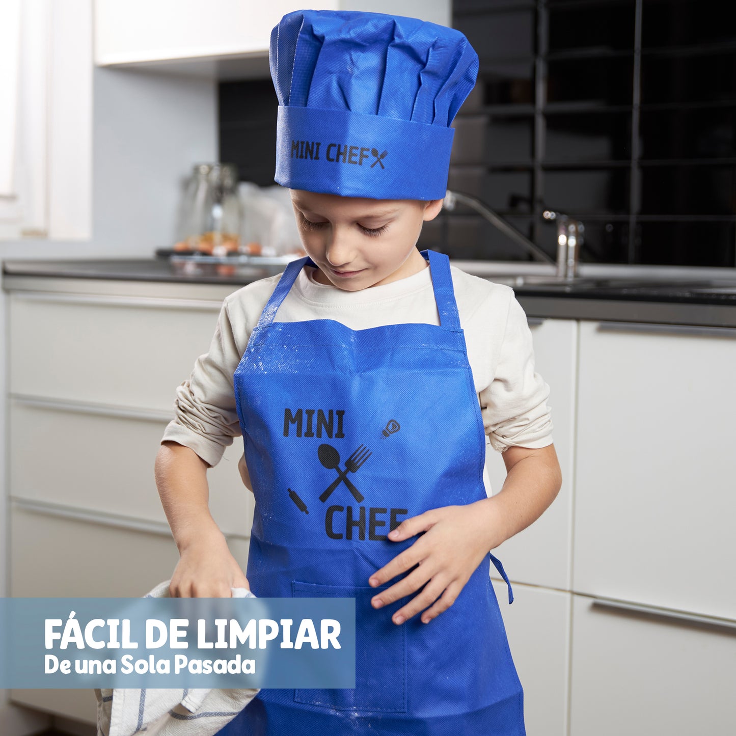 Delantal y Gorro Mini Chef para Niño Niña Cocinero con Bolsillo Delantero y Material Ecológico