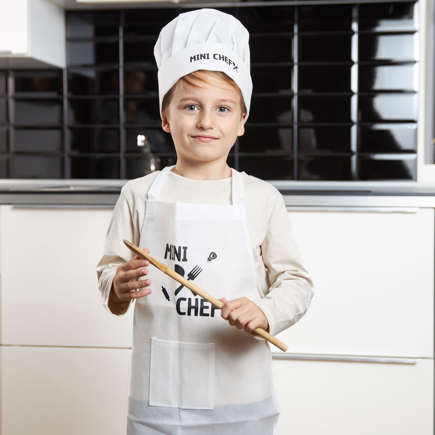 Delantal y Gorro Mini Chef para Niño Niña Cocinero con Bolsillo Delantero y Material Ecológico