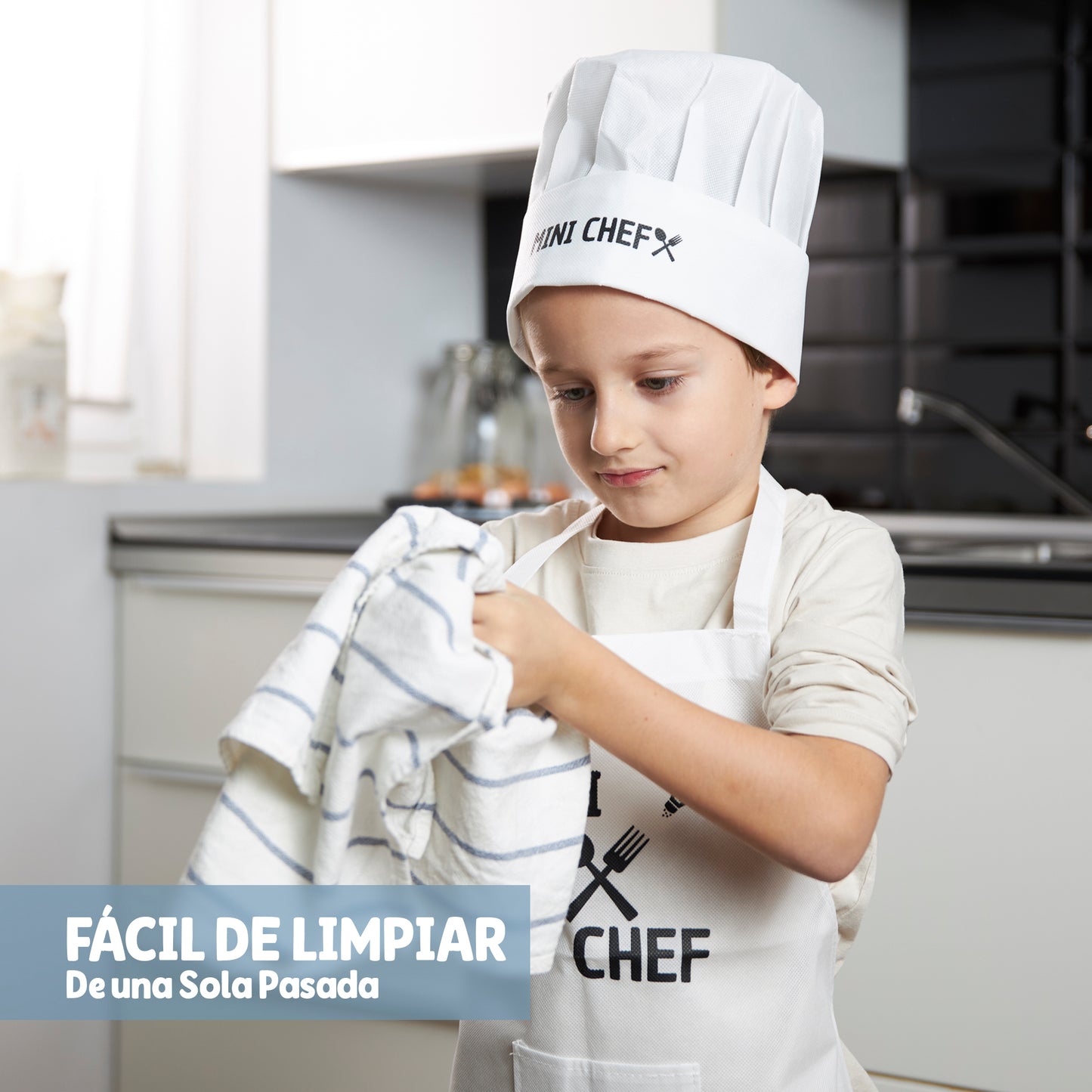 Delantal y Gorro Mini Chef para Niño Niña Cocinero con Bolsillo Delantero y Material Ecológico