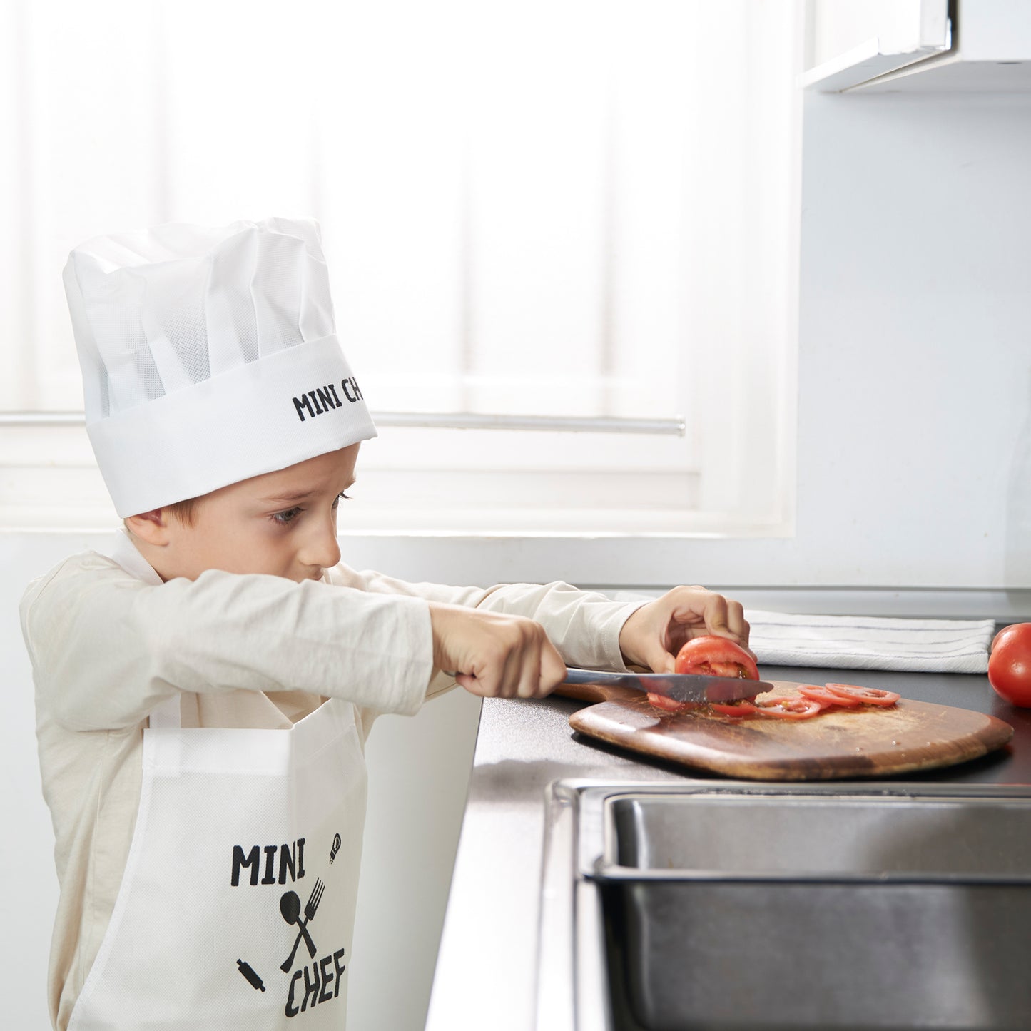 Delantal y Gorro Mini Chef para Niño Niña Cocinero con Bolsillo Delantero y Material Ecológico