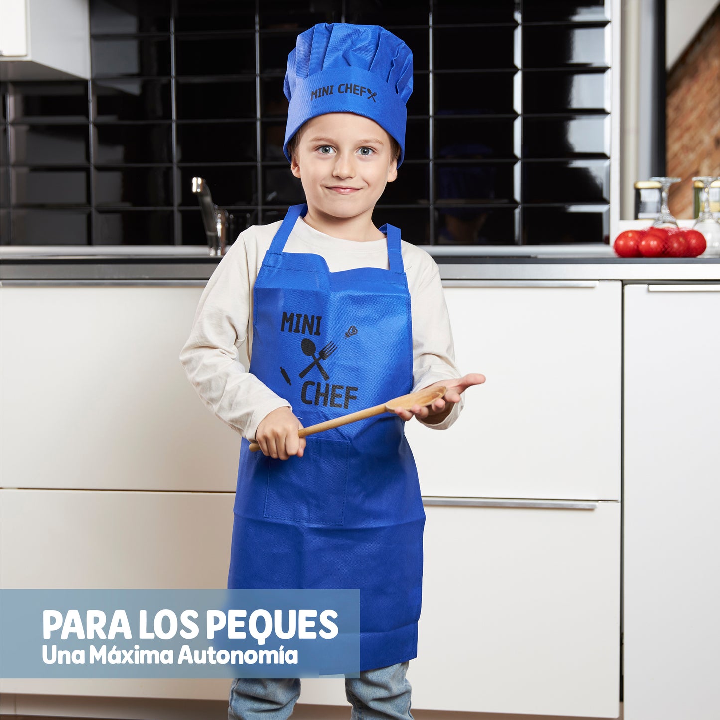 Delantal y Gorro Mini Chef para Niño Niña Cocinero con Bolsillo Delantero y Material Ecológico